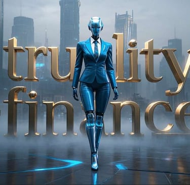 woman in a suit and tie standing in front of truality dot finance.