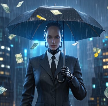 ai robot business suit holding a black umbrella raining money.