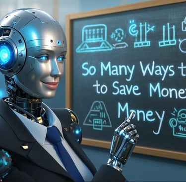 ai female robot business suit writing on chaulk board so many ways to save money 