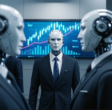 ai male robots business suits digital finance graph in the background