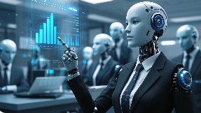 ai female robots business suits working in office on financial holograms.