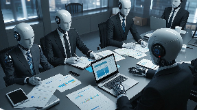 ai male robots business suits sitting around conference table laptops and documents.