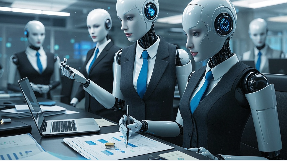 ai female robots business suits working together on laptops in finance