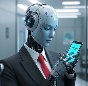 ai female robot business suit operating the YNAB app for budgeting.