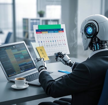 ai male robot business suit laptop calendar scheduling budget.