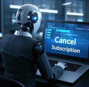 ai male robot business suit canceling subscription on laptop to save money.