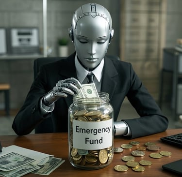 ai female robot business suit adding money to emergency Fund jar.