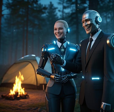 ai robot couple camping and laughing 