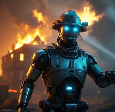 ai male robot fire armor sanding in front of house on fire 