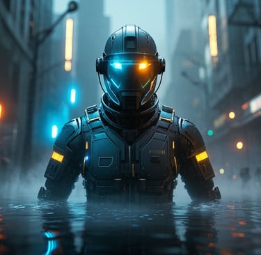 ai male robot in rescue uniform wading through water flooded streets 