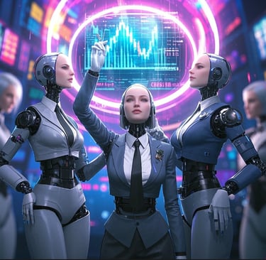 ai female robots business suits trading on the stock market.