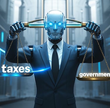 ai male robot business suit holding a scale with the words tax and government being weighed.