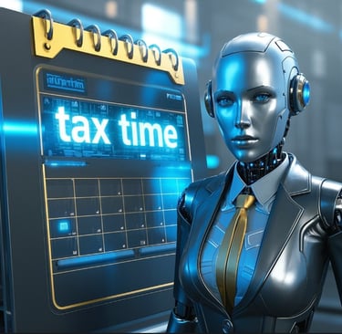 ai female robot business suit digital calendar tax time on it