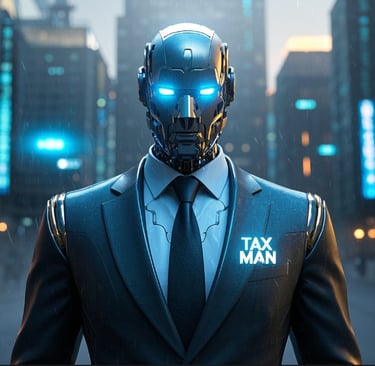 a man in a suit and tie with a tax man sticker on his face