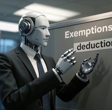 ai male robot teaching about exemptions and deductions with taxes