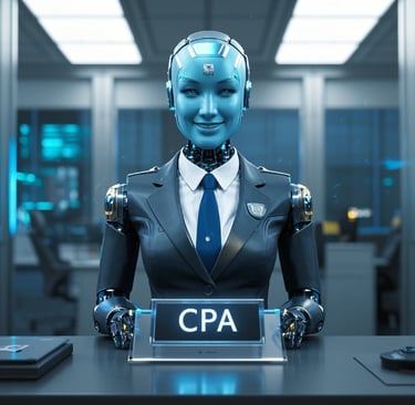 ai female robot business suit desk name plaque with the letters CPA on it