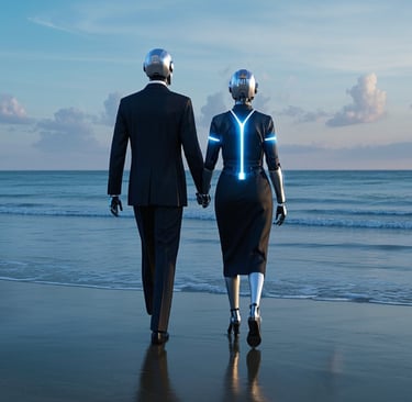 ai robot couple dressed professional holding hands and walking on beach 
