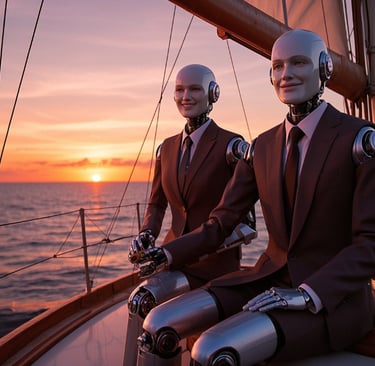 ai robot couple are sailing on sea with large sailboat