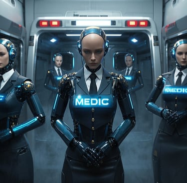 several ai female robot medics standing behind ambulance 