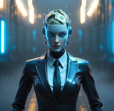 ai female robot business suit and tie with her head full of money representing pychology