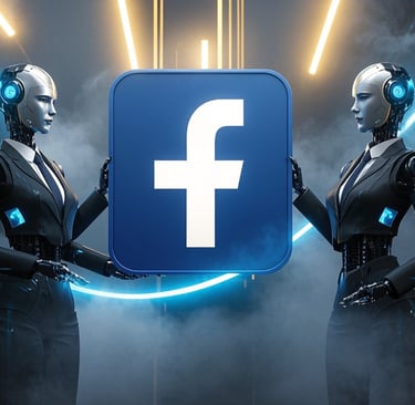 two ai female robots business suits holding Facebook logo