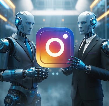 two ai male robots business suits holding a large  instagram logo