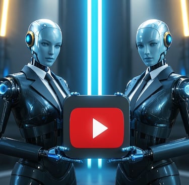 two ai female robots business suits holding a large YouTube logo