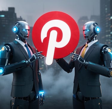 two male robot business suits holding Pinterest logo