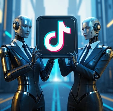 two ai female robots business suits holding the TikTok logo