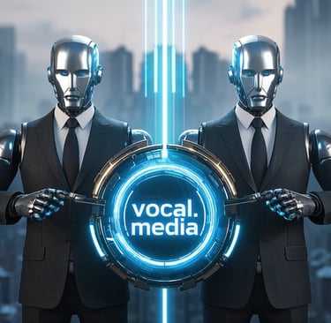 two male robots business suits holding what represents the vocal.media platform 