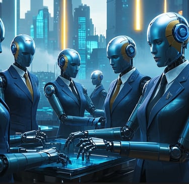 several ai female robots business suits working well together 