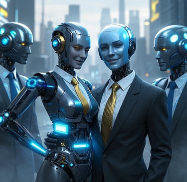 ai female and male robots business suits hugging each other