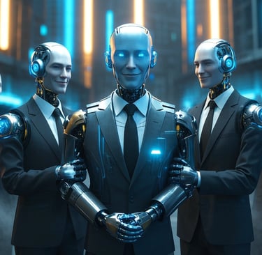 ai male robots business suits being supportive of each other