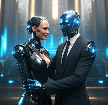 ai female and male robot business suits embracing each other 