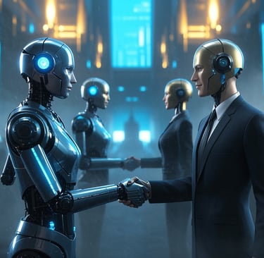ai female and male robots business suits shaking hands 