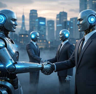 two ai male robots business suits shaking hands 