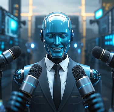 ai male robot business suit influencer standing in front of several mics