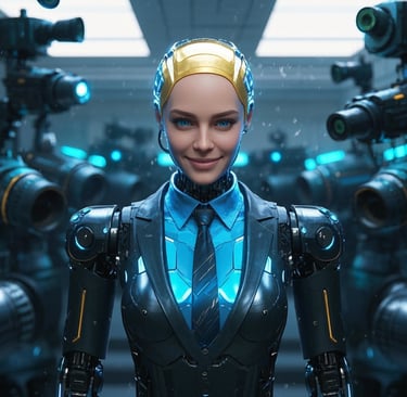 ai female robot business suits influencer surrounded by several cameras 