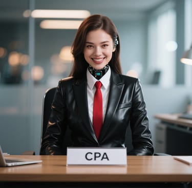 a woman in a black leather jacket and red tie desk name plate CPA