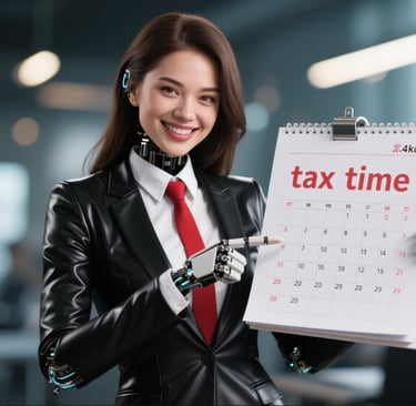 a woman in a black leather suit and tie is holding a calendar tax time