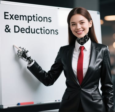 a woman in a black leather suit and red tie white eraser board exemptions deductions