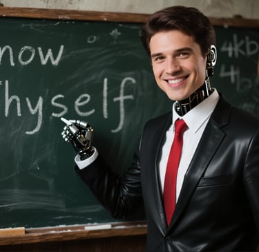 a man in black leather suit, red tie, writing on chalkboard, 'know thyself.'
