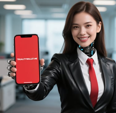 a woman in a black suit and red tie holding a red phone with the name trualitywallet.me on it