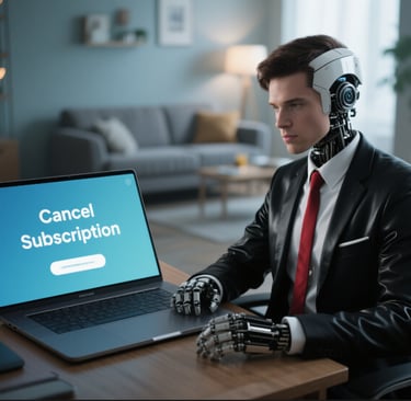 a man in a suit and tie is sitting at a desk with the words cancel Subscription on a laptop