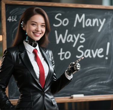 a woman in a leather jacket and a red tie chalk board says so many ways to save