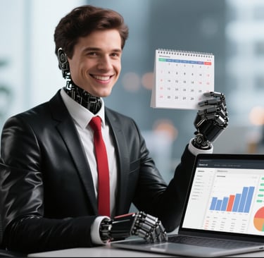 a man in a black leather suit and red tie holding a calendar budgeting