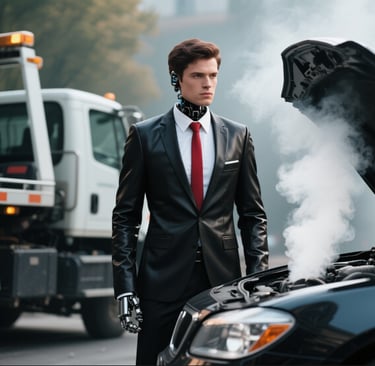 a man wearing a black leather suit red tie tow truck and car broke down