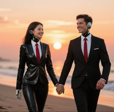 a man and woman holding hands and walking on the beach