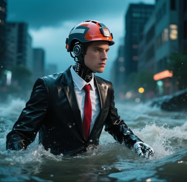 a search and rescue man wading through flooded streets 