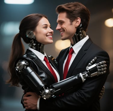 a man and woman in a suit and tie hugging each other 